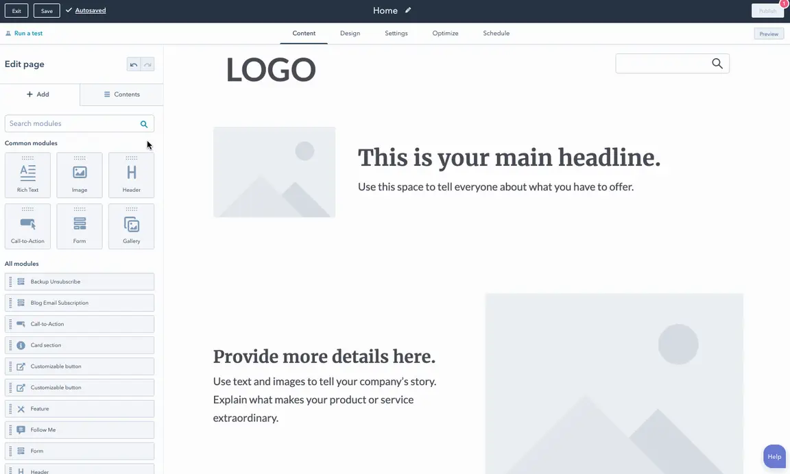 Edytor drag & drop w HubSpot: przeciąganie modułów na stronę bez edycji kodu