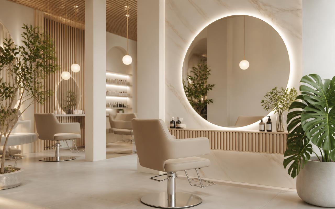 Wnętrze nowoczesnego salonu beauty z okrągłym lustrem i fotelem